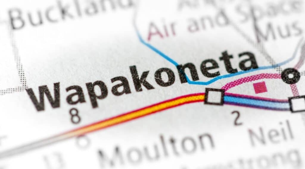 Close up map of wapakoneta Ohio. The area around the map is white, and you can see the city name up close with a pink marker for where the city is on the map.