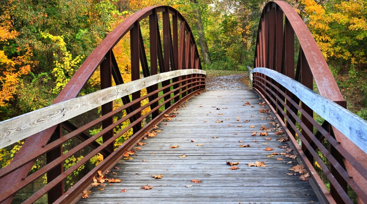 View of the crossing from the bridge at Lock 29 in Ohio towards the forest. The bridge at Lock 29 in Ohio is a historic truss bridge that spans the Ohio and Erie Canal, featuring a wooden deck and maroon steel frame construction, and providing visitors with a unique vantage point to observe the canal and lock system.