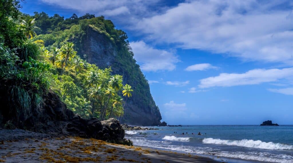 Anse Couleuvre is a beach located on the northern coast of Martinique. The beach is famous for its black sand and clear water, surrounded by lush green hills and palm trees.