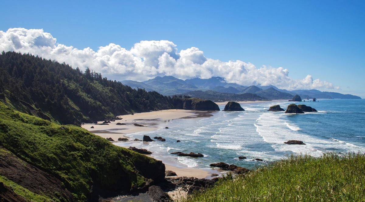 Cannon Beach is a picturesque coastal town in Oregon, famous for its long, sandy beach and iconic landmark, Haystack Rock. Aerial view of a beautiful bay with a golden beach, with white and blue waves and rocks.
