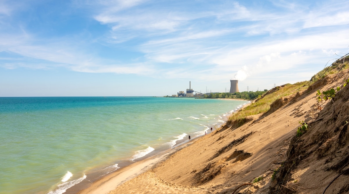 Central Beach is a popular shoreline in Grand Haven, Michigan known for its sandy beach, picturesque lighthouse, and pier that offers stunning views of Lake Michigan.