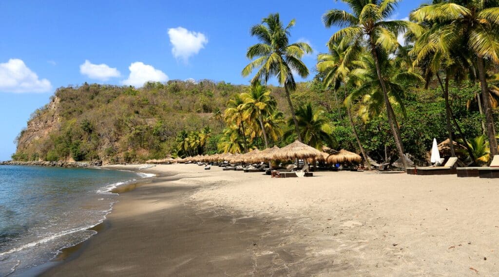 Anse Chastanet is a stunning beach in Soufrière, St. Lucia that features black sand and crystal-clear waters. It is surrounded by lush vegetation and offers breathtaking views of the Piton Mountains. On the beach there are many sun loungers with straw umbrellas for visitors.