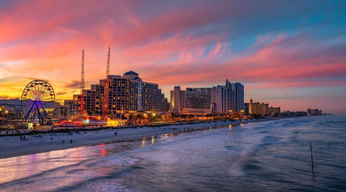 Daytona Beach is a popular vacation destination located in Volusia County, Florida. It is known for its 23 miles of wide white sand beach, perfect for swimming, sunbathing and surfing.