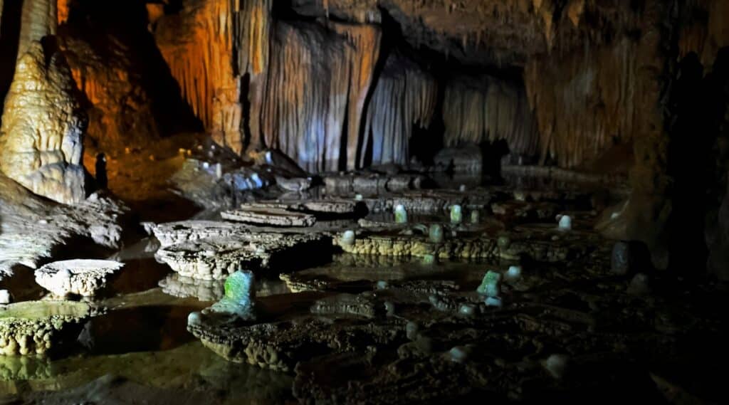 Onondaga cave with rock formations growing and green rocks with flowing water. There are many tall stalactites growing from the ceiling stretching down towards the ground.