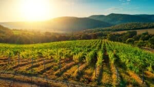 The vineyards of Napa Valley make for some of the most breathtaking sunrise and sunset views imaginable. Beautiful uniform rows of vineyards with rolling green hills in the background.