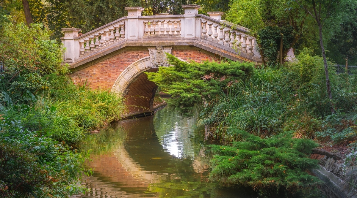 a bridge across a small stream surrounded by plants in Parc Monceau, Paris, France. 