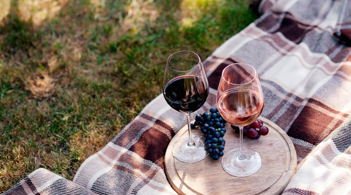 Two wine glasses and some grapes resting on a wooden plate on a blanket on some grass.