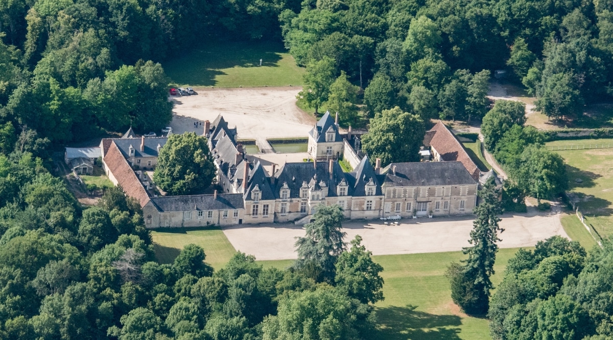 Arial view of the Chateau de Villesavin in Orleans France on a bright sunny summer day. 