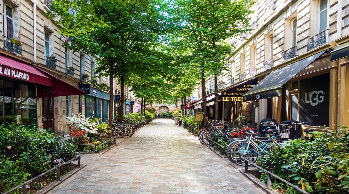Le Marais District boasts a picturesque blend of old-world medieval charm and stunning architecture. Its narrow streets are decorated with French blue and white signs of cafes, restaurants, and fashionable shops. Along the buildings there are flower beds with various plants and bicycle racks with bicycles.