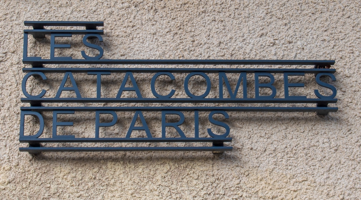 The entrance plaque to Les Catacombes in Paris, France. 