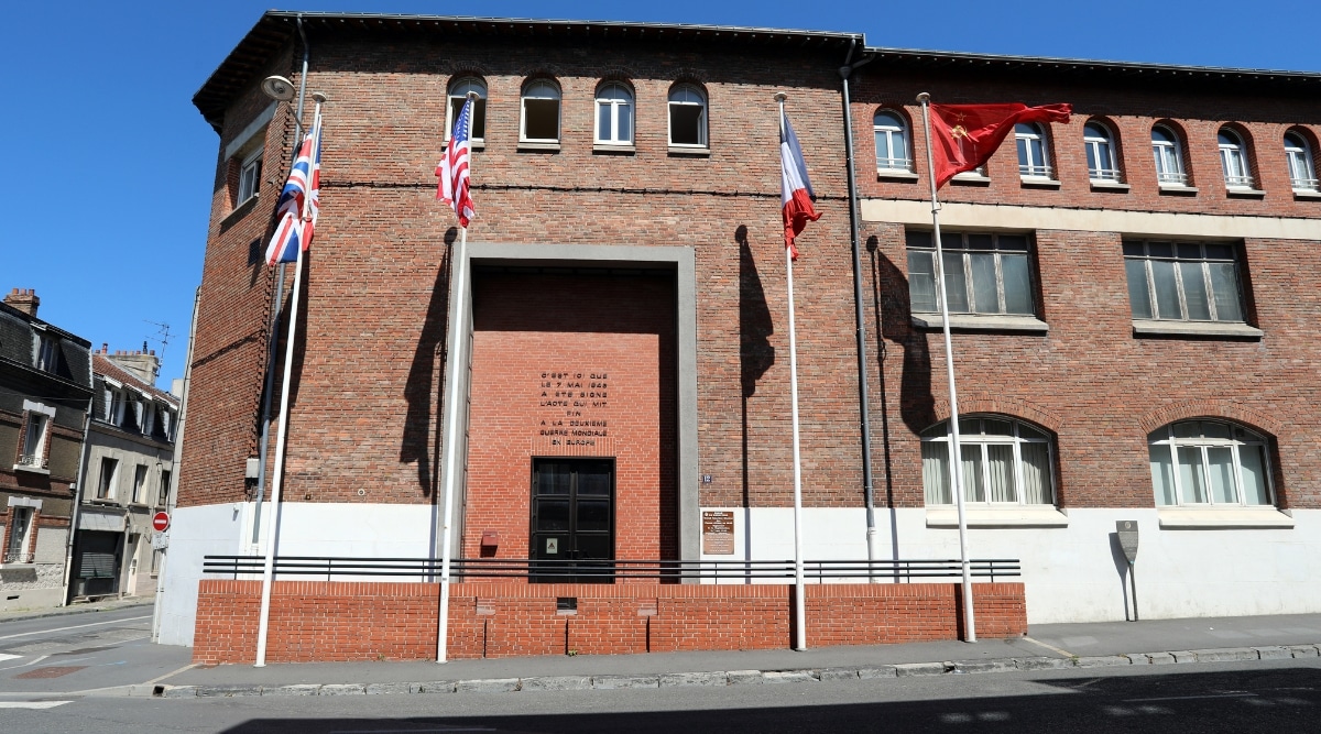 The entrance to the historic Musee de la Reddition in Reims France where the Germans signed the surrender that ended WWII.