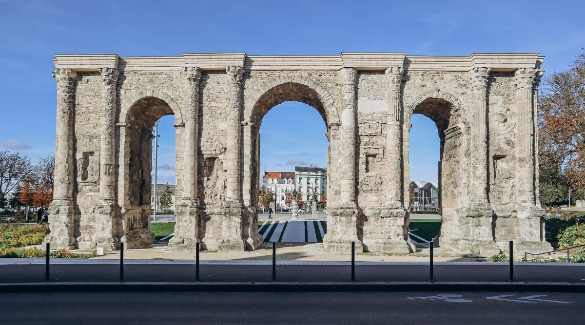 Front view of the famous Porte de Mars in Reims France. The Roman arches built in the 3rd century.