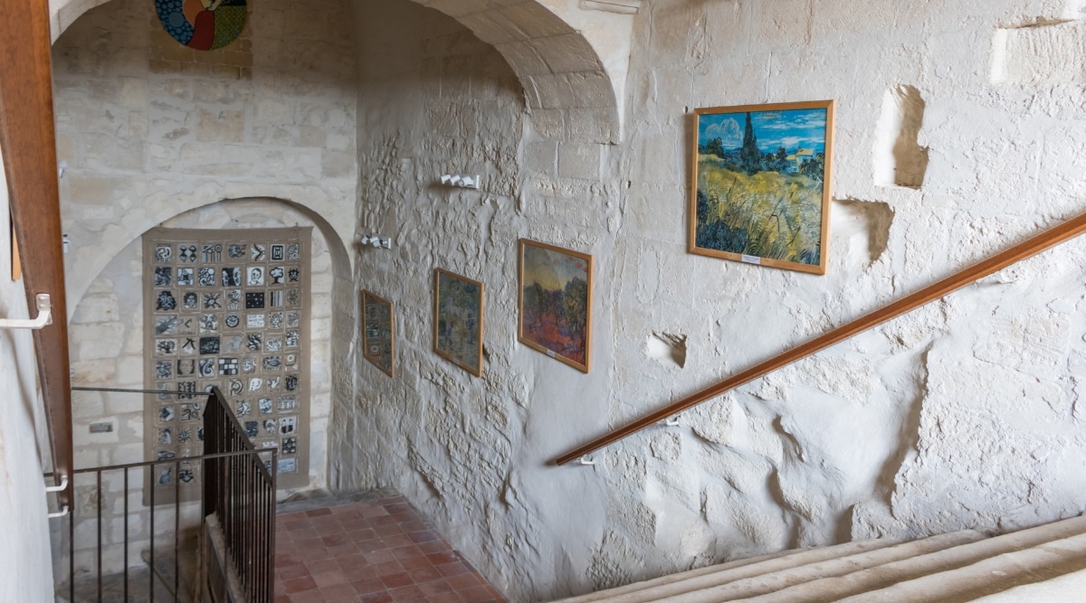 Saint Remi Museum staircase leading down to the Vincent Van Gogh exhibit in Reims France.