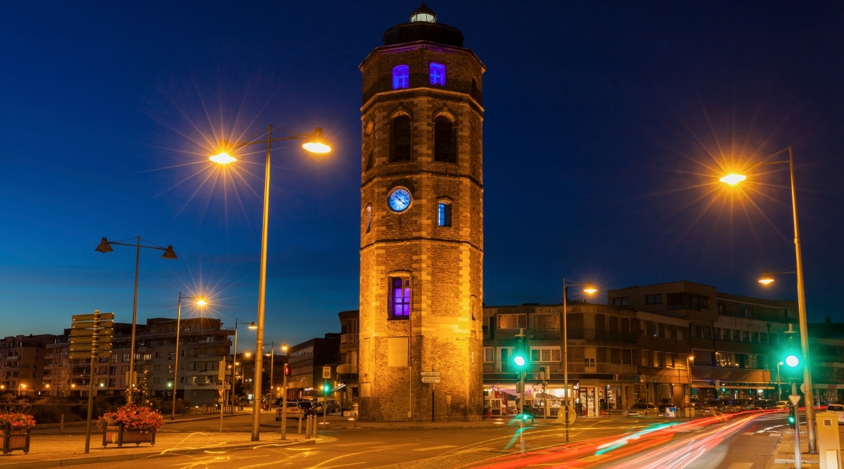 The Tour du Leughenaer, or Liar's Tower, photographed from across the street at night in Dunkirk, France.