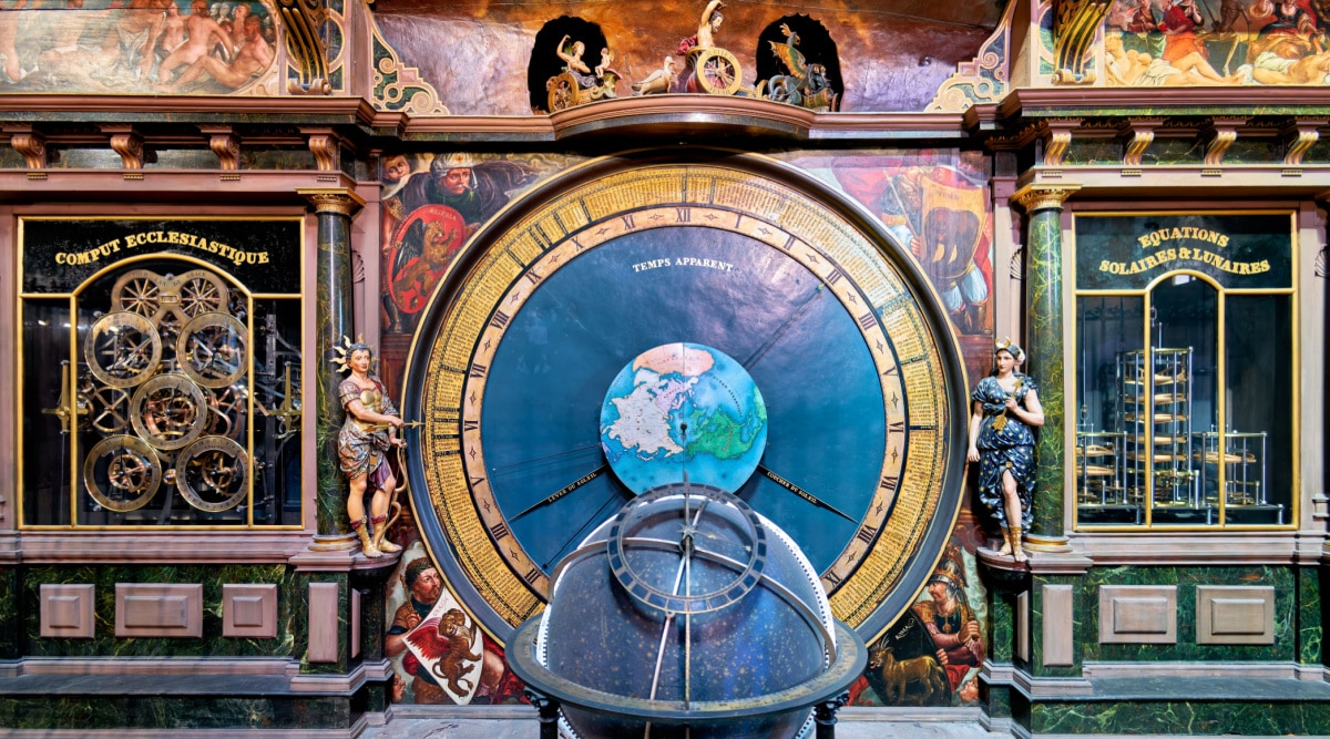 Close up of the 24-hour dial of the Astronomical clock inside Notre-Dame de Strasbourg Cathedral in Strasbourg France.