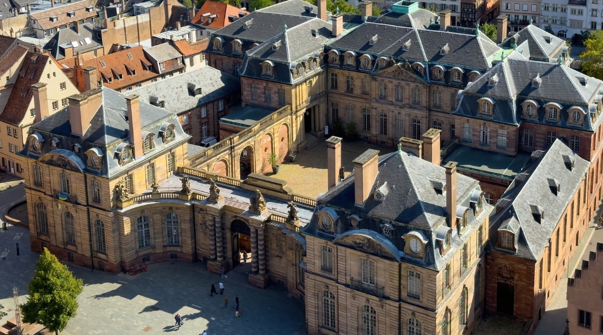 Arial view of the Palais des Rohan in Strasbourg, France, on a clear sunny day.