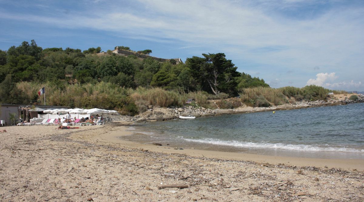 This photo showcases Plage Criques des Graniers. In the distance of the beach there are many white beach umbrellas. Mediterranean Sea gently rippling with light waves. The background is adorned with an abundance of bushes and trees, creating a serene coastal atmosphere.