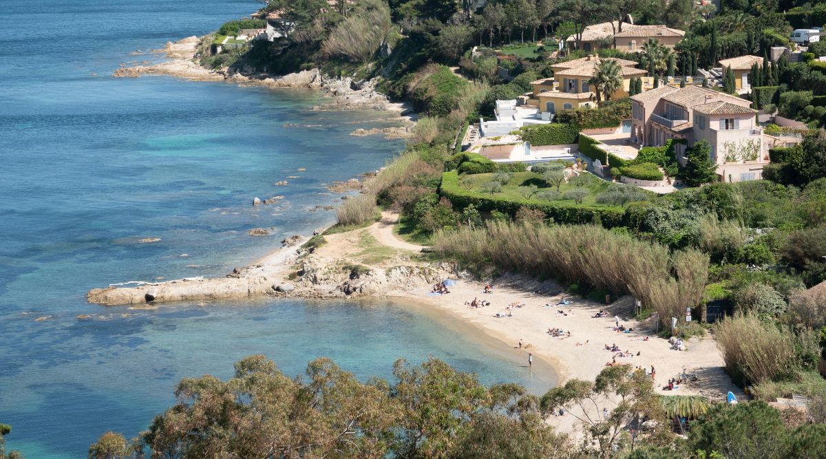 An aerial view of Plages de Saint-Tropez reveals a multitude of beachgoers soaking up the sun. The sea is crystal clear and serene. Beyond the beach, lush green vegetation and opulent estates create a picturesque backdrop.