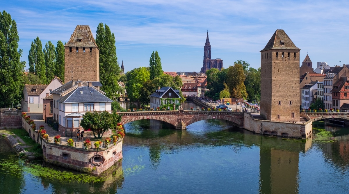 Ponts Couverts in Strasbourg France over the Ill River on a clear sunny summer day.