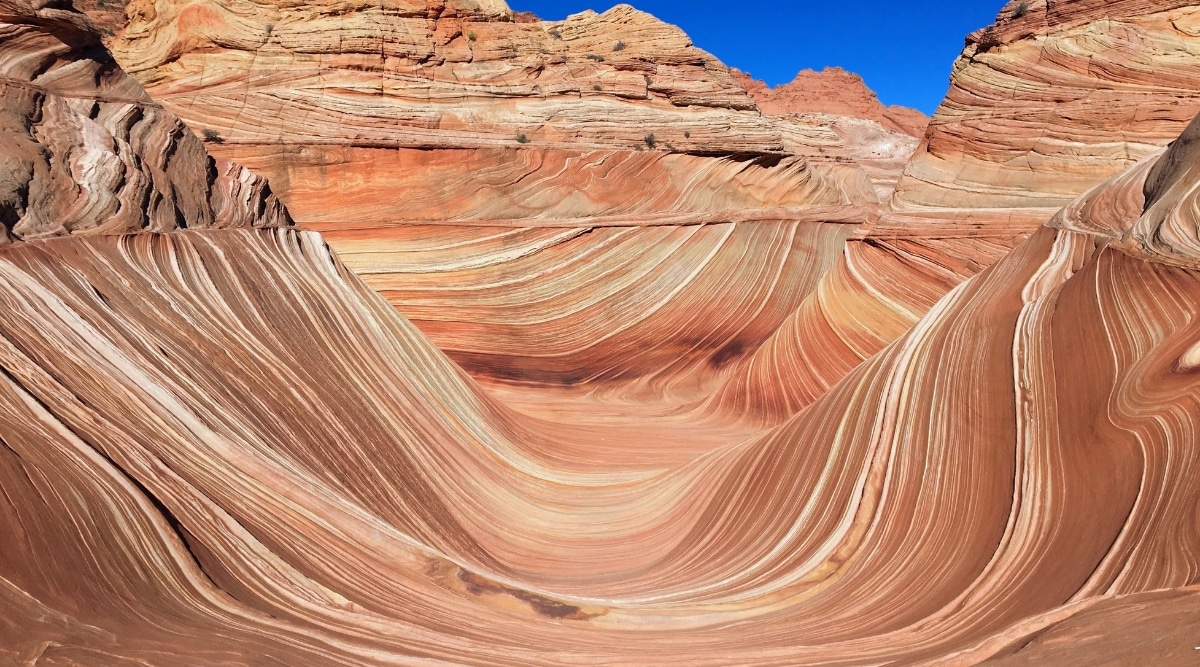 An image of The Wave, a renowned rock formation. The image captures the undulating, red sandstone waves, which create a surreal and otherworldly landscape. The curvaceous lines of the sandstone waves are beautifully highlighted. The vibrant red hues of the rock formations contrast with the clear blue sky.