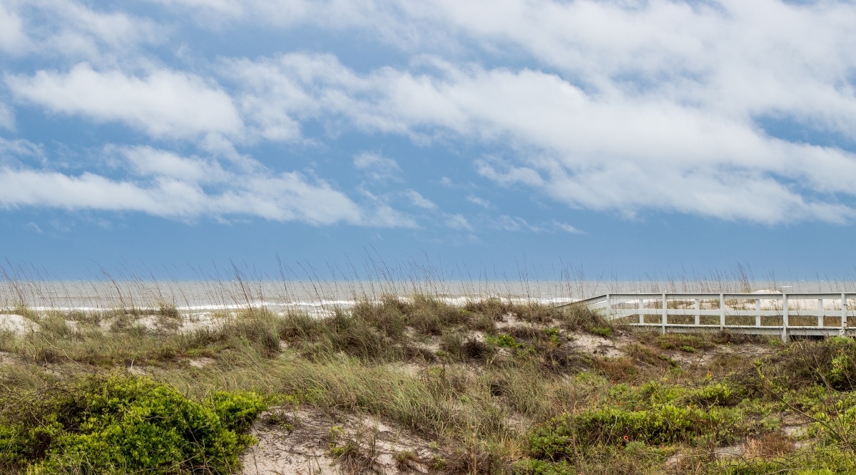 A photograph capturing Butler Beach in St. Augustine, Florida. The image features a typical coastal scene with sandy shores and the Atlantic Ocean in the background.