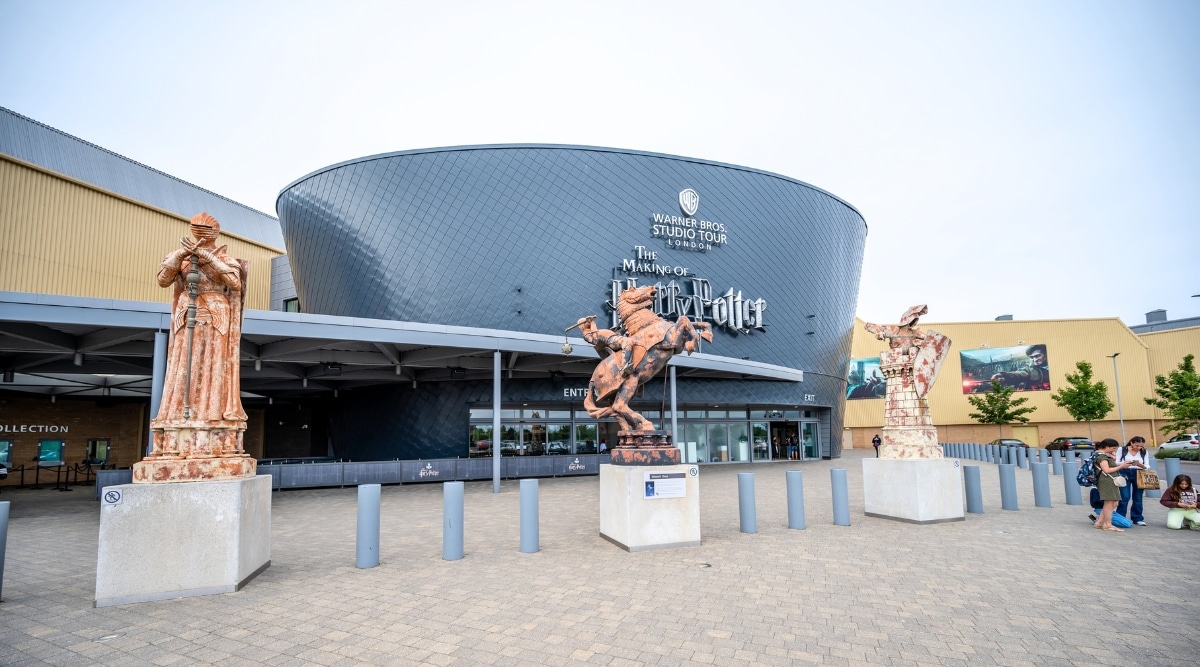 Harry Potter Studios in London. The image showcases the iconic exterior of the studios, with its magical architecture reminiscent of the wizarding world.