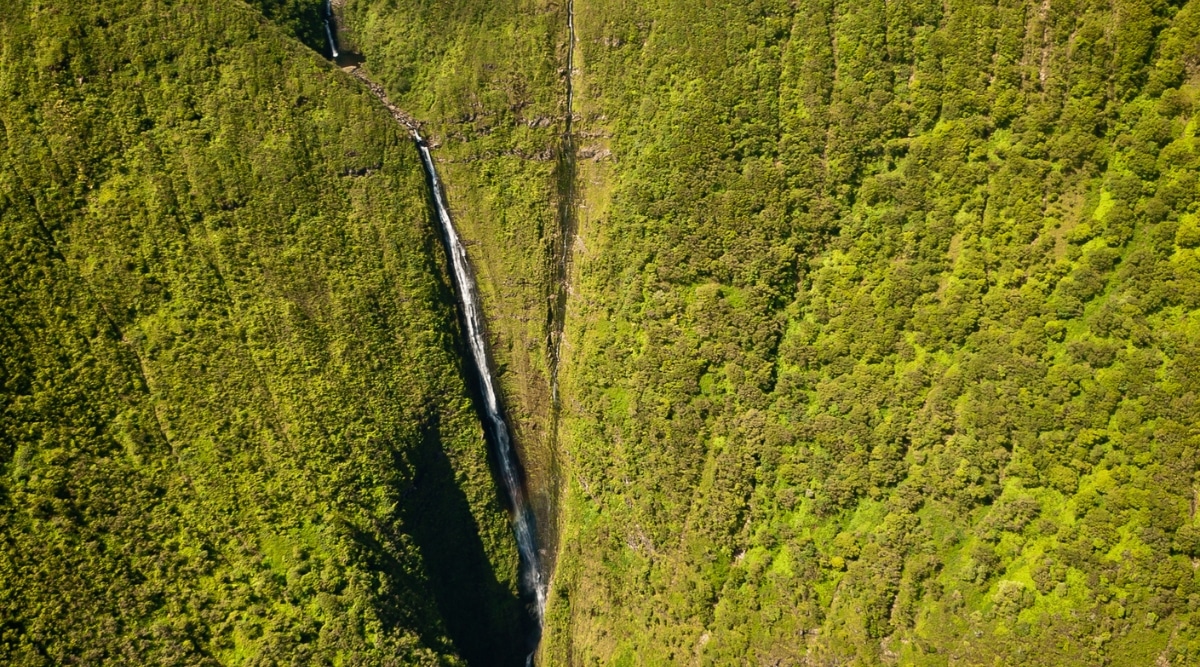 A photograph featuring Kahiwa Falls in Hawaii. The image captures the waterfall amidst a lush tropical landscape. The falls cascade down a series of rocky tiers, surrounded by dense vegetation. The natural surroundings are characterized by the vibrant greenery of the Hawaiian foliage.