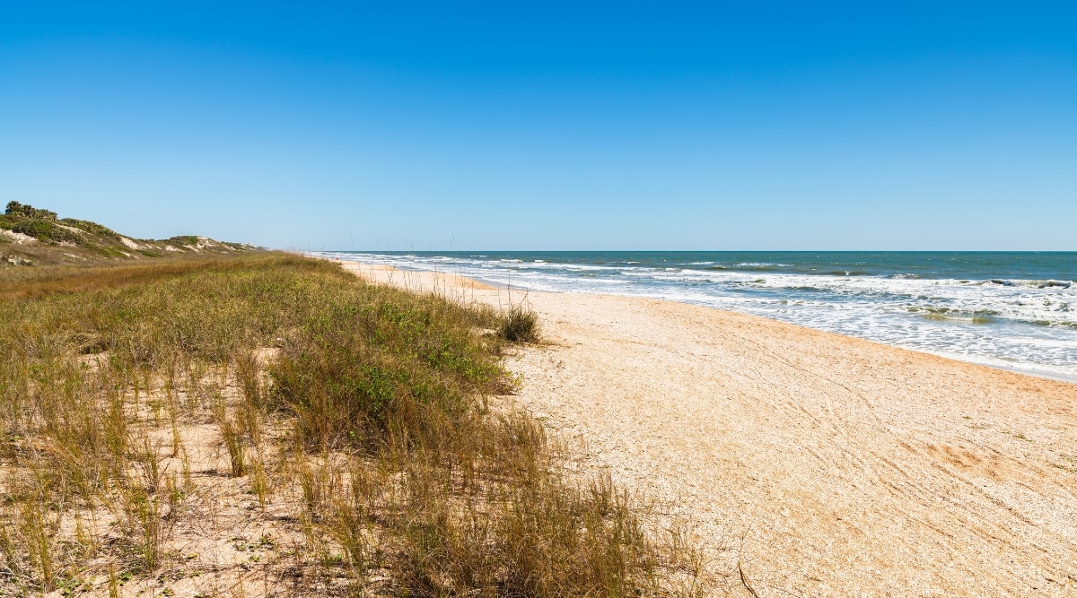A photograph capturing Ponte Vedra Beach in St. Augustine, Florida. The image showcases the sandy shoreline along the Atlantic coast, with the ocean waves meeting the beach.