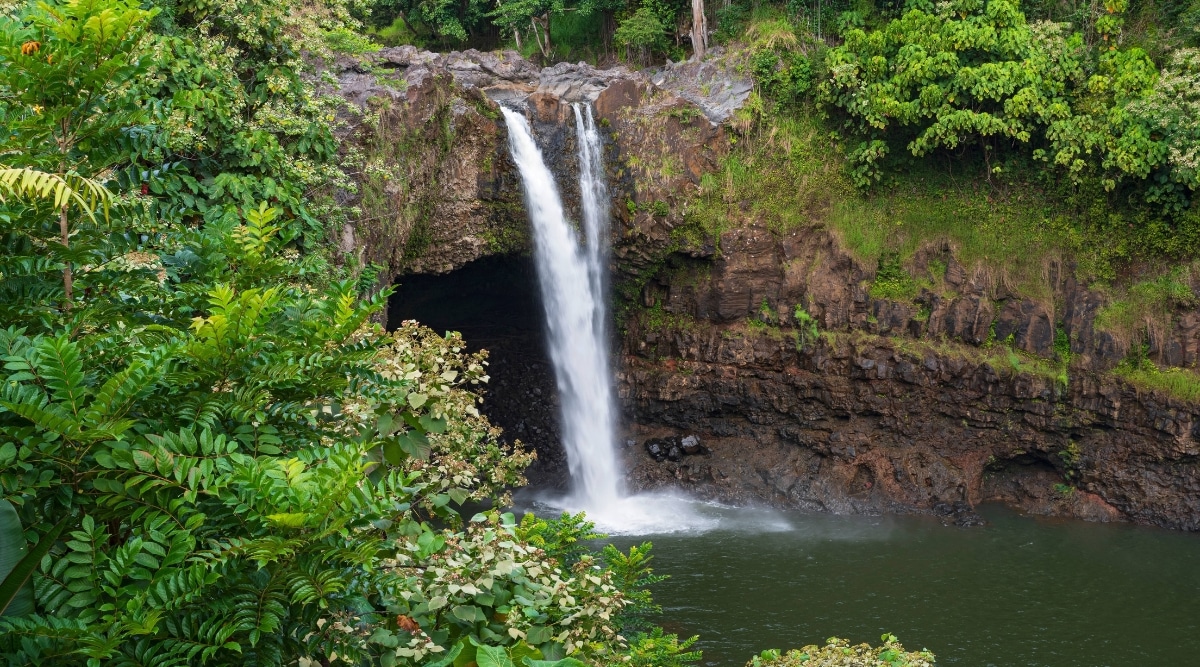 A photograph capturing Rainbow Falls in Hawaii. The image showcases the waterfall amidst lush greenery. The water cascades over the rocks into a pool below. The surrounding landscape features tropical vegetation and trees.