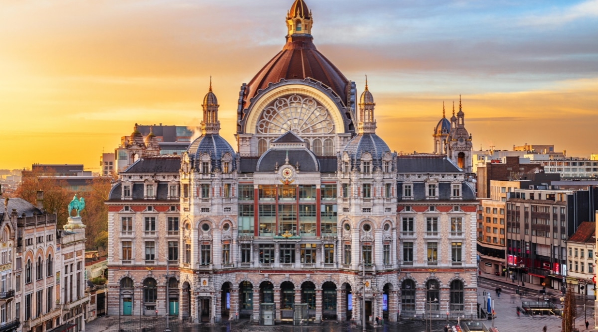 A photograph depicting Antwerpen Centraal, the central railway station in Antwerp. The image captures the exterior of the station, showcasing its architectural features.