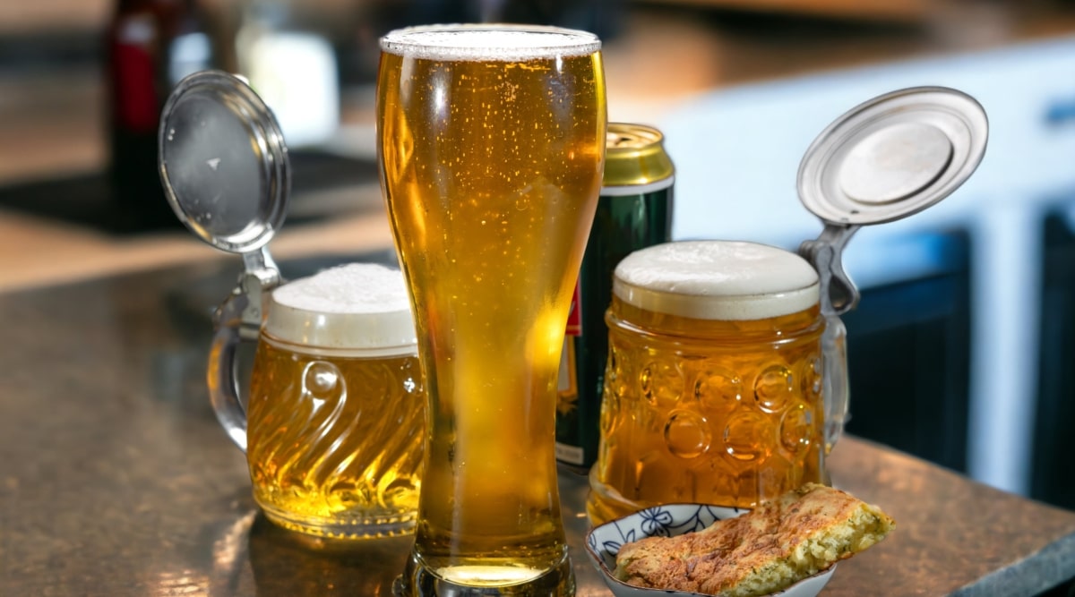 A photograph capturing beer in a glass and multiple mugs arranged on a kitchen countertop. The image features the beverages displayed in a straightforward manner.