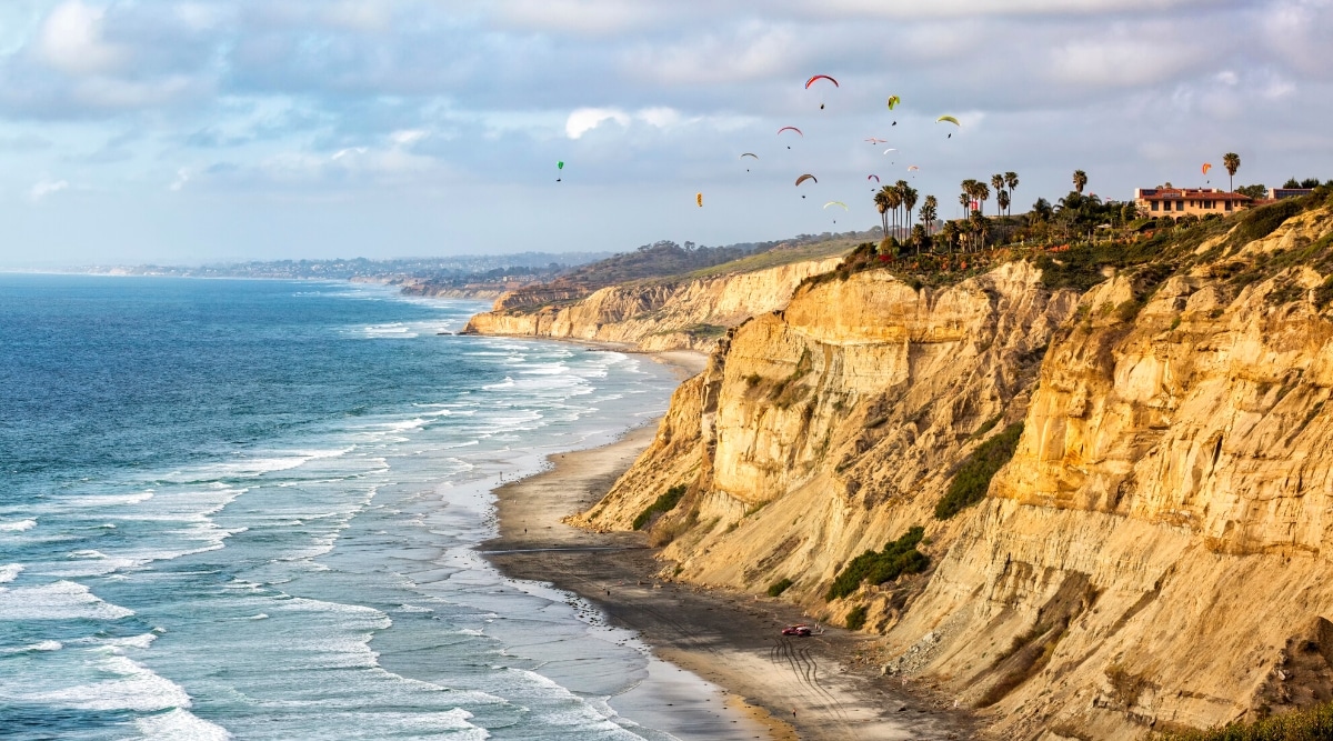 The image depicts a view of Black's Beach in La Jolla. On the right side, a beach is visible, featuring rocks, palm trees, and houses. Adjacent to the beach, on the left, is the ocean. The sky is overcast with clouds, and in the distance, numerous paragliders add a splash of color to the scene.