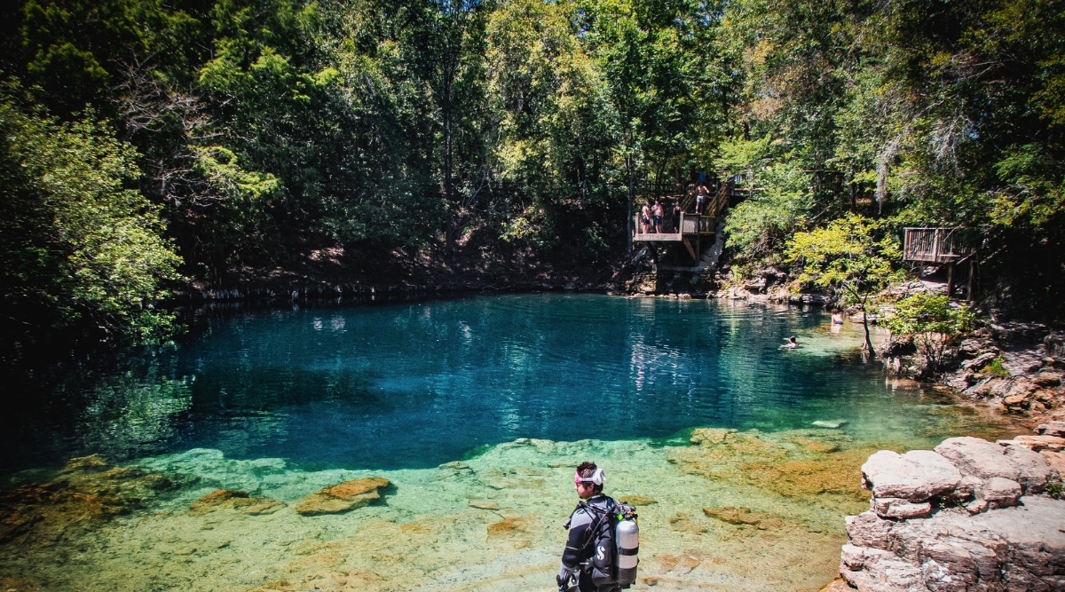 A local scuba diver, fully geared up, stands gracefully in the shallow, crystal-clear blue waters of Royal Springs, surrounded by a lush forest.