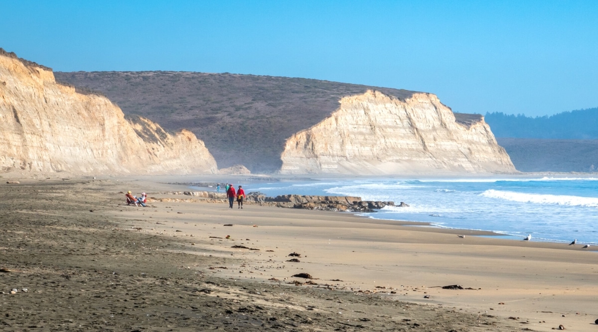 A view of Drakes Beach at Point Reyes National Seashore, featuring a wide stretch of sandy shoreline adorned with prominent elongated rocks. The image captures several individuals present on the beach, engaging in various activities.