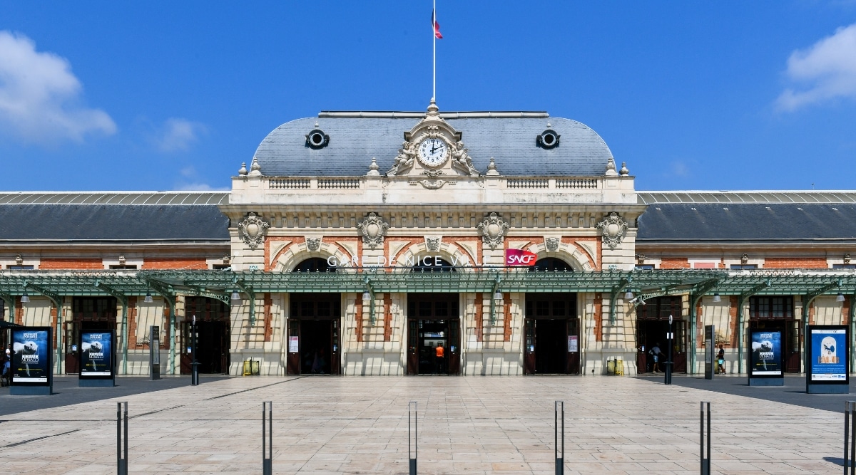 A straightforward image depicting Gare de Nice Ville railway station in France. The photograph offers a top view from the ground, showcasing the station's architectural features.