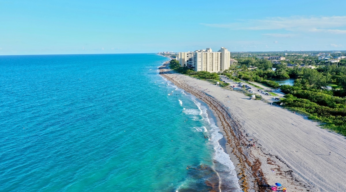 An aerial view capturing Jupiter Beach, Florida, with a clear sky overhead. The image features a coastal landscape with the ocean on the left and city buildings, including multi-story structures, on the right. Tall buildings are visible, indicative of urban development along the coastline. The beach extends along the ocean, and greenery is prominent in the surroundings.