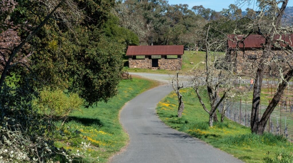 A photograph showcasing Robert Louis Stevenson State Park in Sonoma, California. The image features historical brick buildings, a well-defined path, and blooming flowers, characteristic of the spring season.
