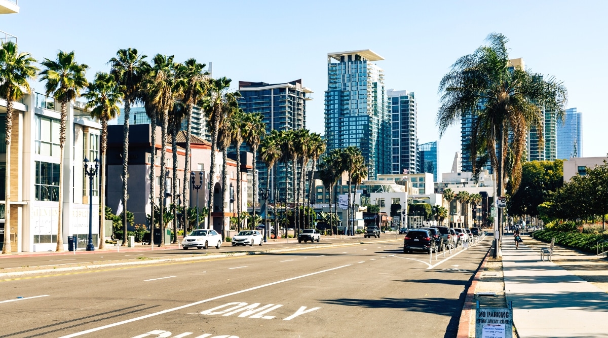 A street view in San Diego showcasing a wide road with moving traffic, including cars, in the foreground. The thoroughfare is lined with palm trees, contributing to the region's characteristic landscape. In the background, high-rise buildings form the urban skyline.