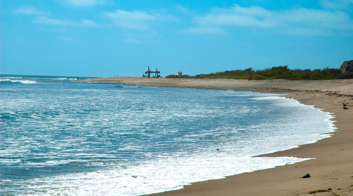 The image offers a view of The Trestles in San Clemente. The composition features a clear sky with the ocean visible on the left and the beach on the right. The absence of people in the frame conveys a tranquil atmosphere.
