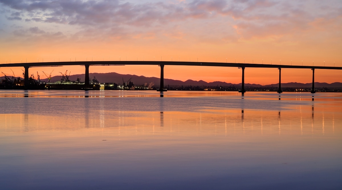 A serene photograph capturing a beautiful sunset scene overlooking the Coronado Bridge. The image features calm waters reflecting the fading sunlight, with the bridge spanning the waterway. The sky exhibits a slight cloud cover. 