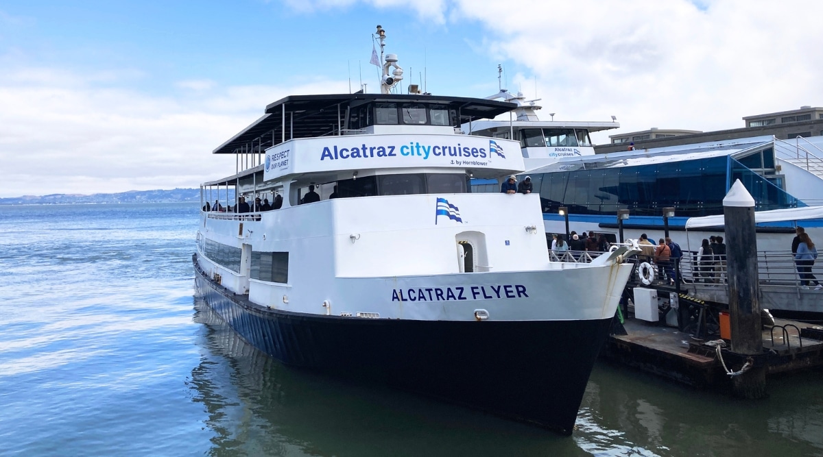 The Alcatraz Flyer, currently docked as people board for the ferry ride from Pier 33 to Alcatraz Island.