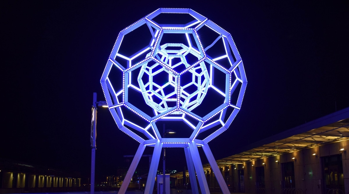 View of "Buckyball", a towering 25-foot illuminated sculpture made by Leo Villareal in 2012, at the entrance of the San Francisco Exploratorium.