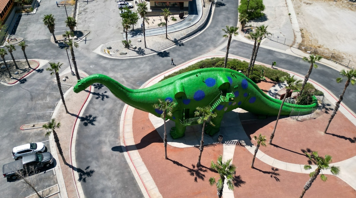 A top view capturing the Cabazon Dinosaurs in Palm Springs. The central focus is a large green dinosaur situated amidst palm trees and walking paths.