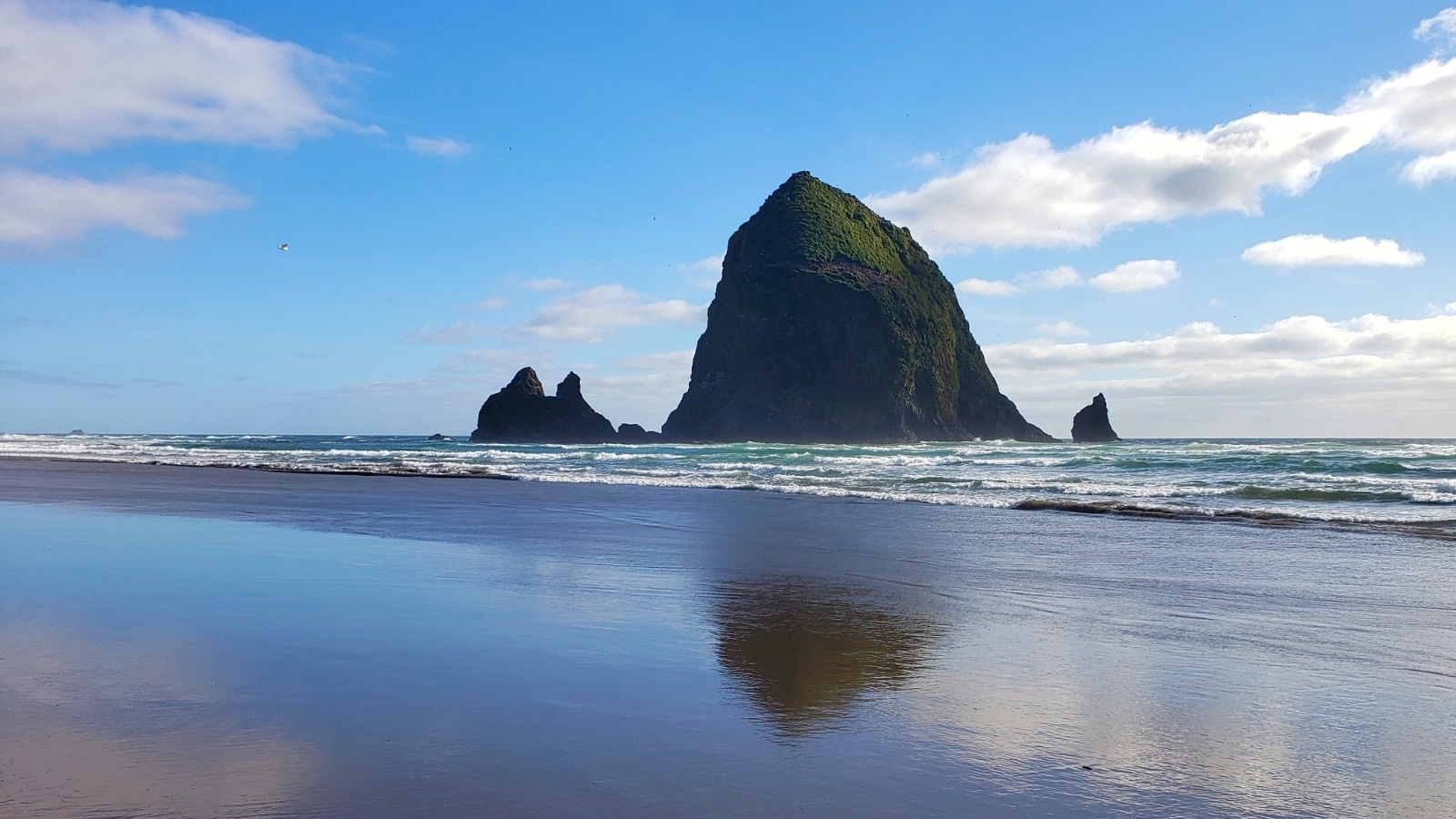 A photograph capturing Cannon Beach with the ocean in Oregon, USA. The image depicts the expansive shoreline with the Pacific Ocean in the background. The beach features its characteristic sandy terrain, and waves can be seen along the coastline.