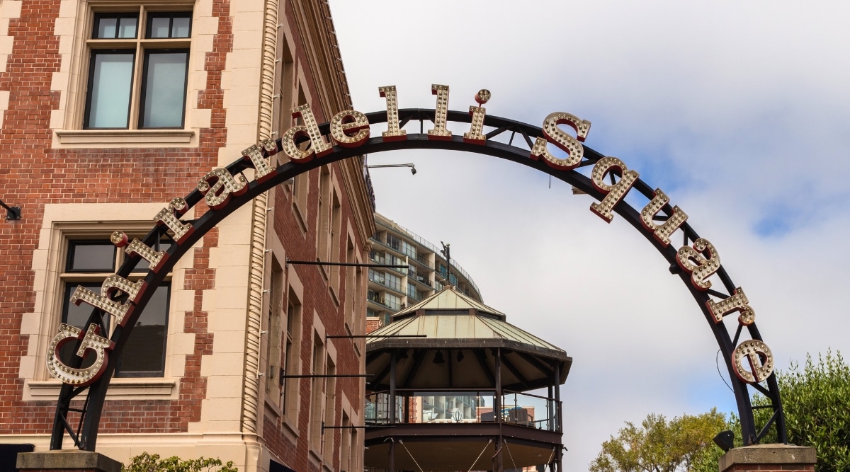 The Iconic Ghirardelli Square sign on a sunny day in San Francisco CA. 