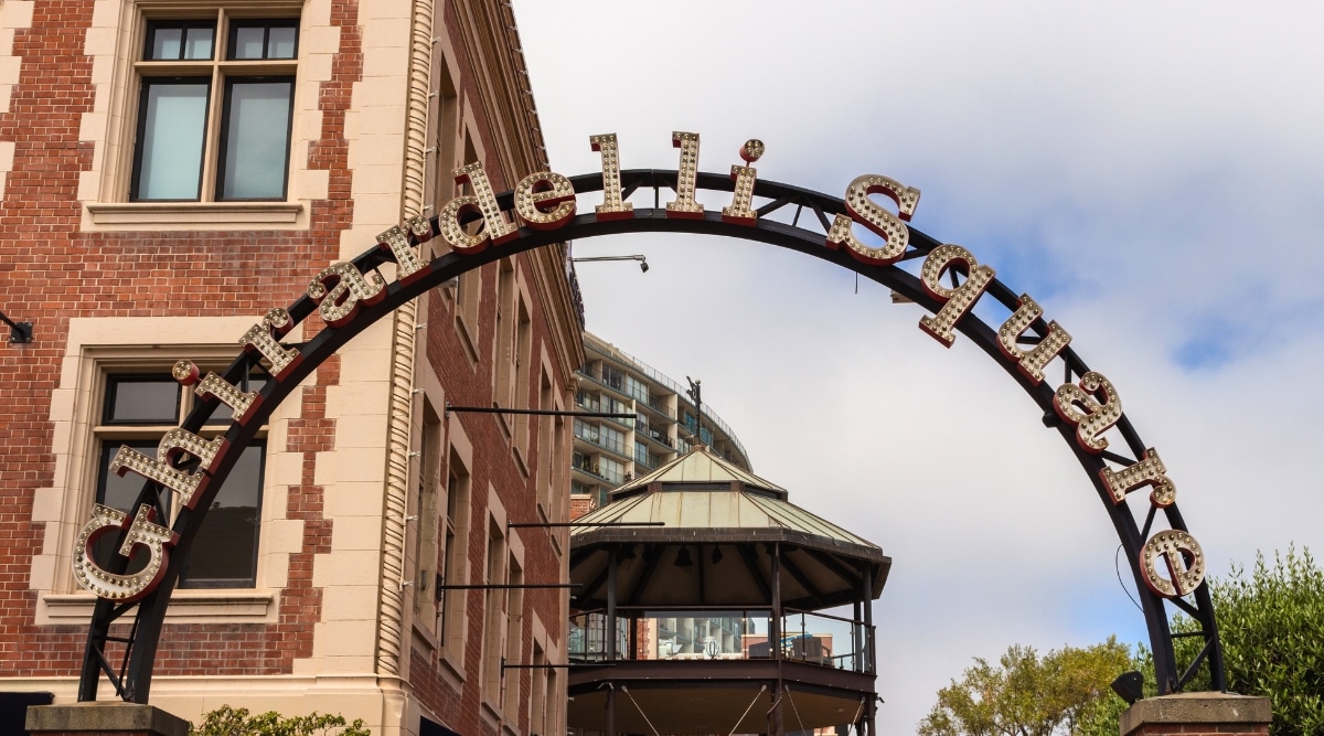 The Iconic Ghirardelli Square sign on a sunny day in San Francisco CA.