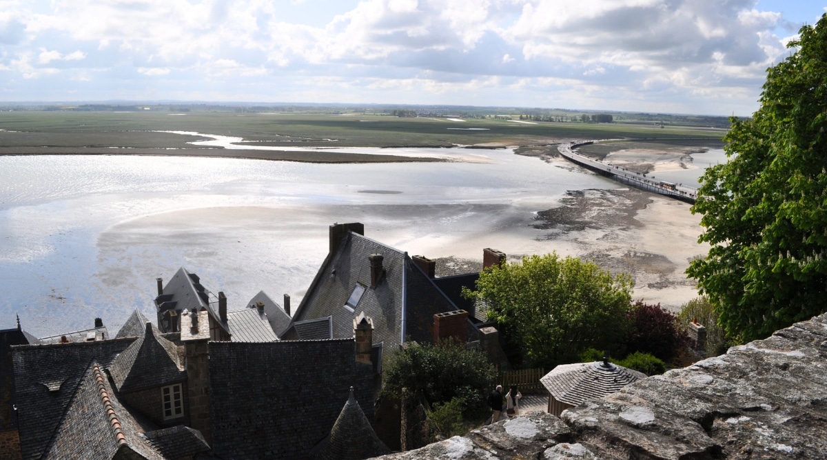 Views from the Mont Saint Michel monastery looking down over the bay as tides come back in.  