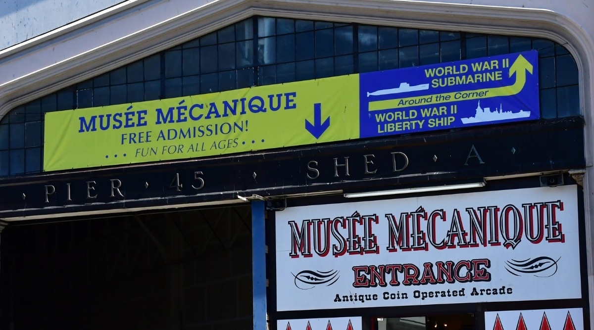 The Musée Mécanique entrance in Fisherman's Wharf San Francisco, host to lots of antique arcades and coin operated machines and games.