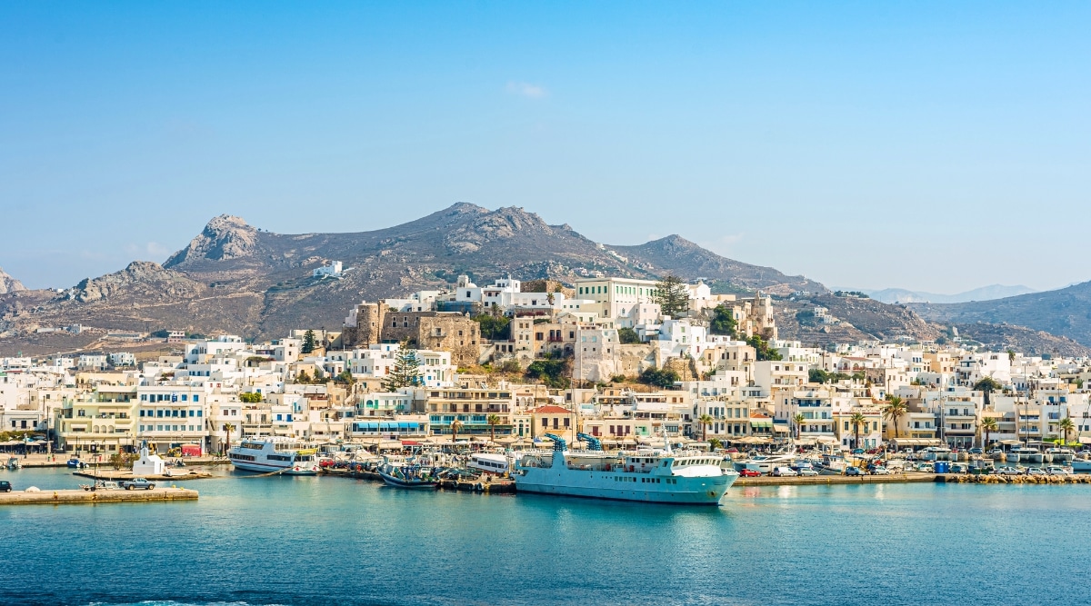 An image capturing the skyline of Paros Island Port in the central Aegean Sea, Greece. The photograph presents a view of the port area with a focus on the architectural elements and surrounding landscape. The port features a collection of buildings along the waterfront, possibly indicative of commercial and maritime activities.