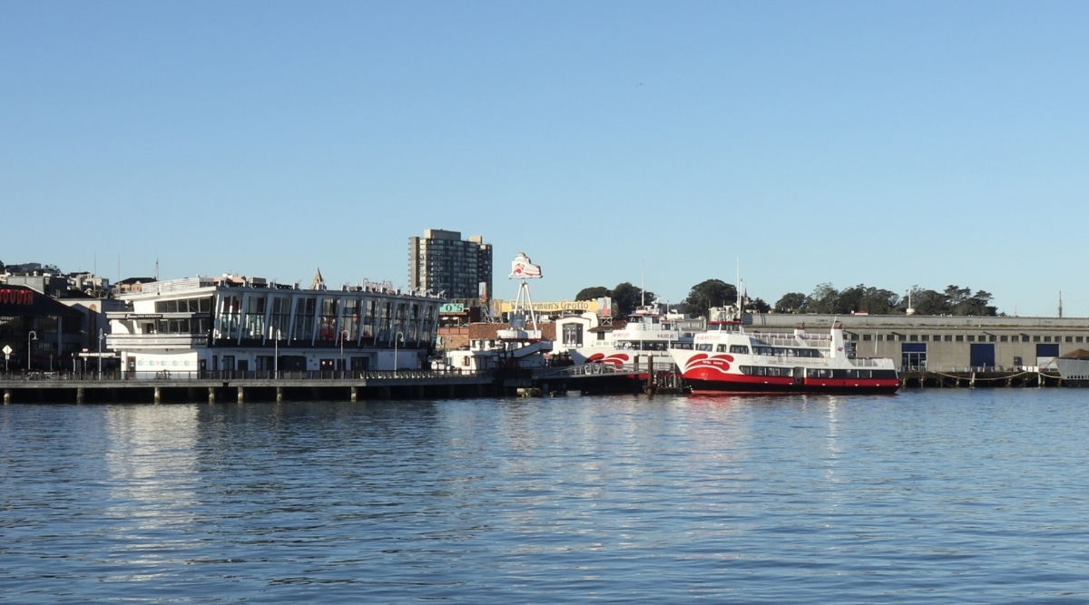Pier 45 on Fisherman's Wharf in San Francisco, viewed from the water looking back at the docks.